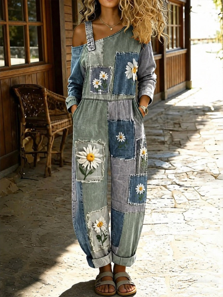 Women's Retro Style Floral Art Print Washed Cotton Denim Patchwork Jumpsuit